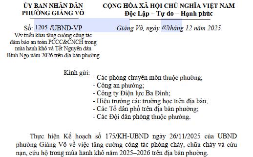 Công văn số 1205/UBND-VP của UBND Phường Giảng Võ về việc triển khai tăng cường công tác đảm bảo an toàn Phòng cháy chữa cháy