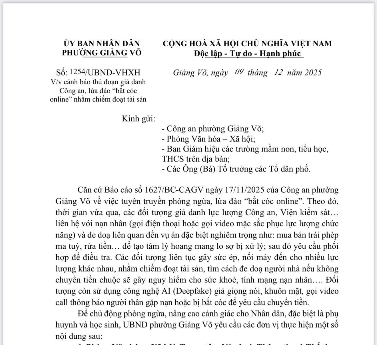 Công văn cảnh báo thủ đoạn giả danh Công an, lừa đảo "bắt cóc online" nhằm chiếm đoạt tài sản