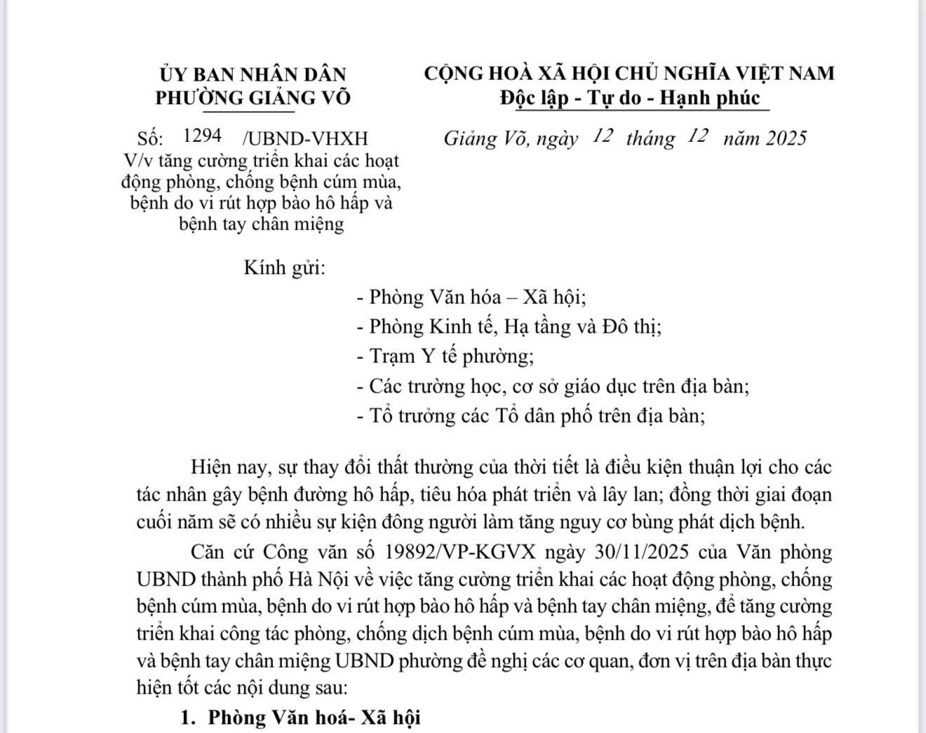 Công văn tăng cường triển khai các hoạt động phòng chống dịch cúm, virus hợp bào, tay chân miệng