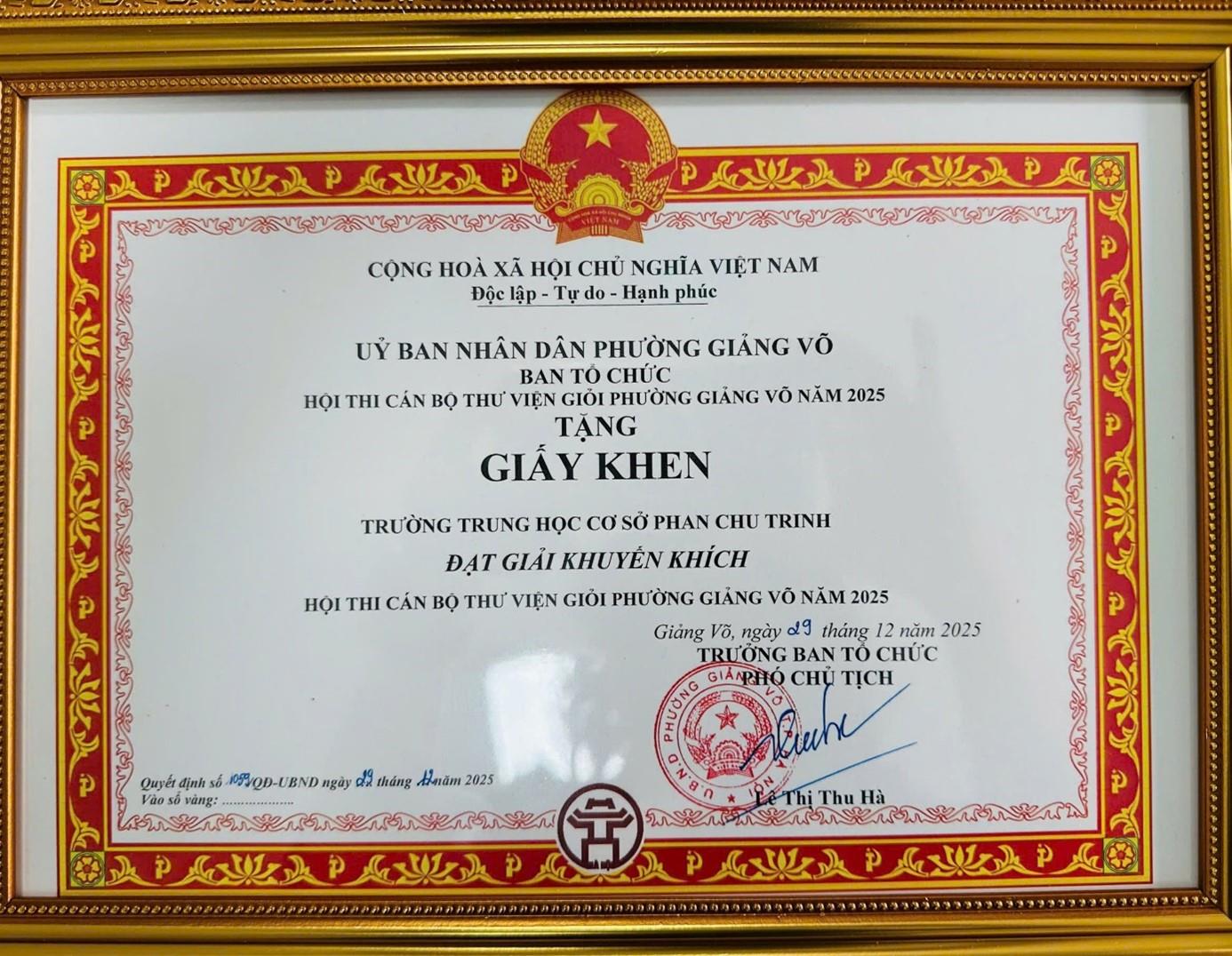 Trường THCS Phan Chu Trinh đạt giải Khuyến khích Hội thi Cán bộ Thư viện giỏi phường Giảng Võ năm 2025