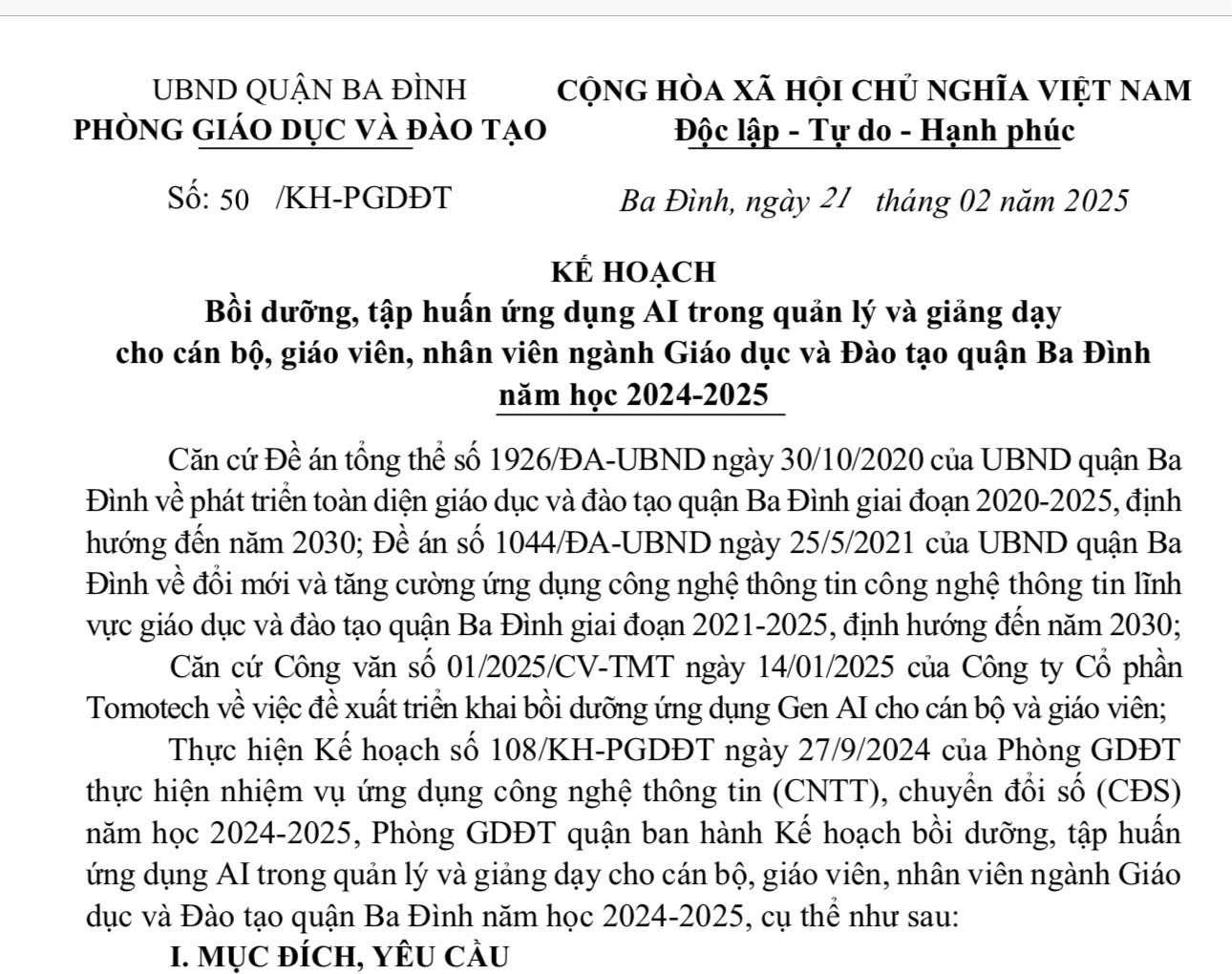 Kế hoạch bồi dưỡng, tập huấn ứng dụng Al cho CBGVNV