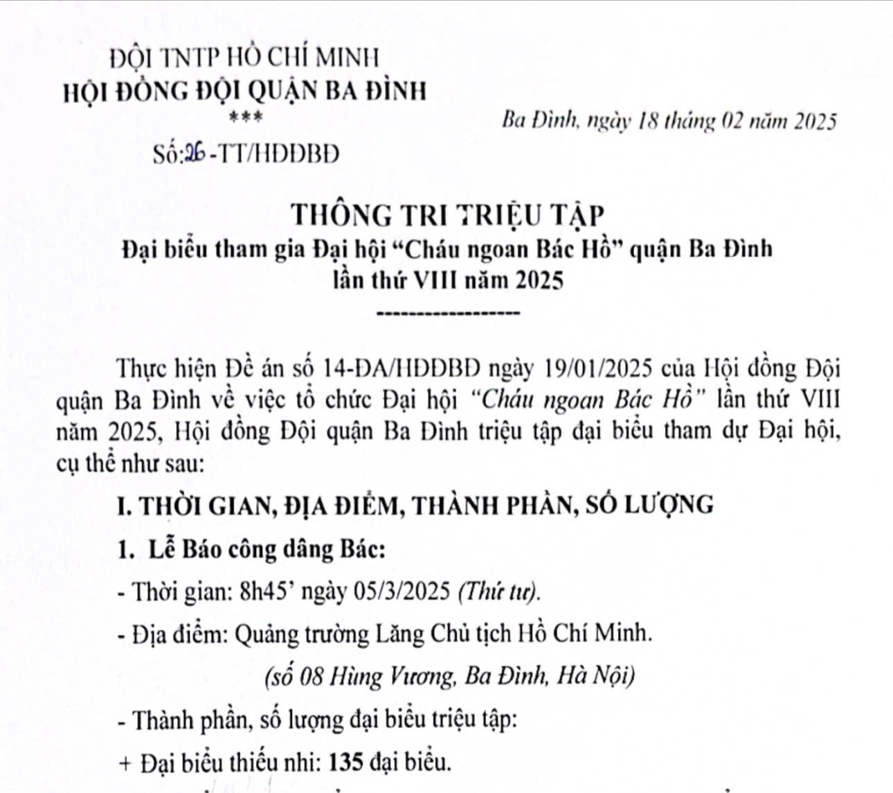Thông tri triệu tập Đại biểu tham gia Đại hội "Cháu ngoan Bác Hồ" quận Ba Đình lần thứ VIII năm 2025