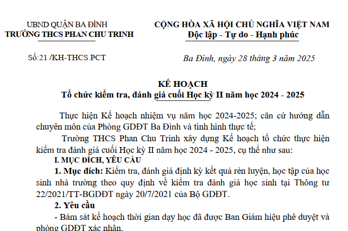 Kế hoạch Tổ chức kiểm tra, đánh giá cuối Học kỳ II năm học 2024-2025 của Trường THCS Phan Chu Trinh