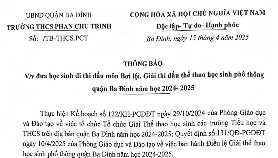 Thông báo của Trường THCS Phan Chu Trinh ngày 15 tháng 4 năm 2025 về việc đưa học sinh đi thi đấu môn bơi lội.