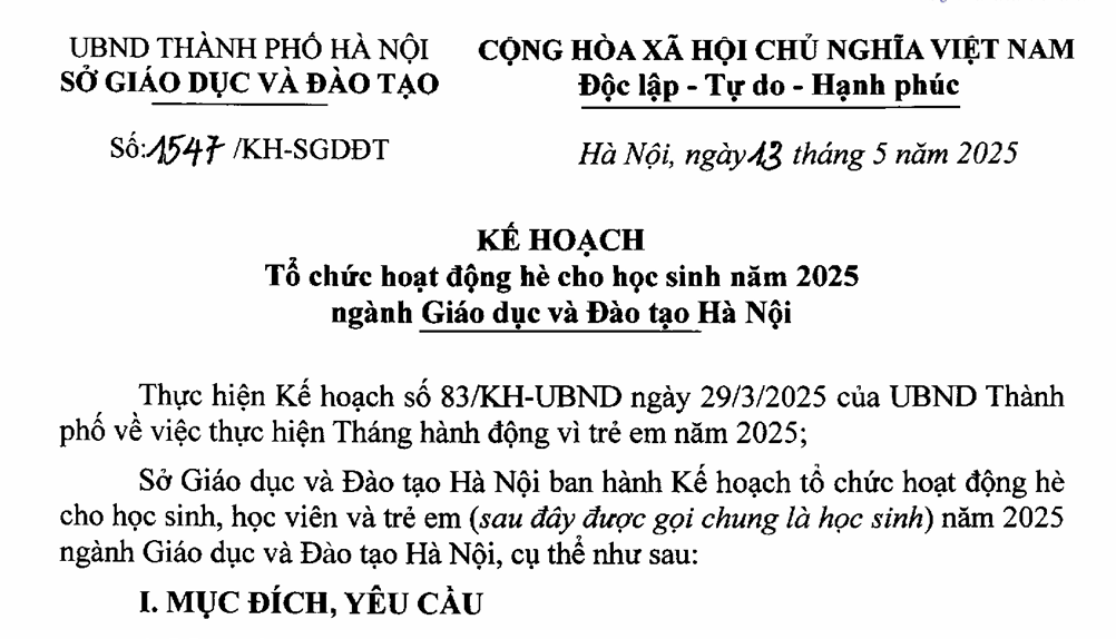 Công văn của Sở Giáo dục và Phòng Giáo dục về Kế hoạch Tổ chức hoạt động hè cho học sinh năm 2025.
