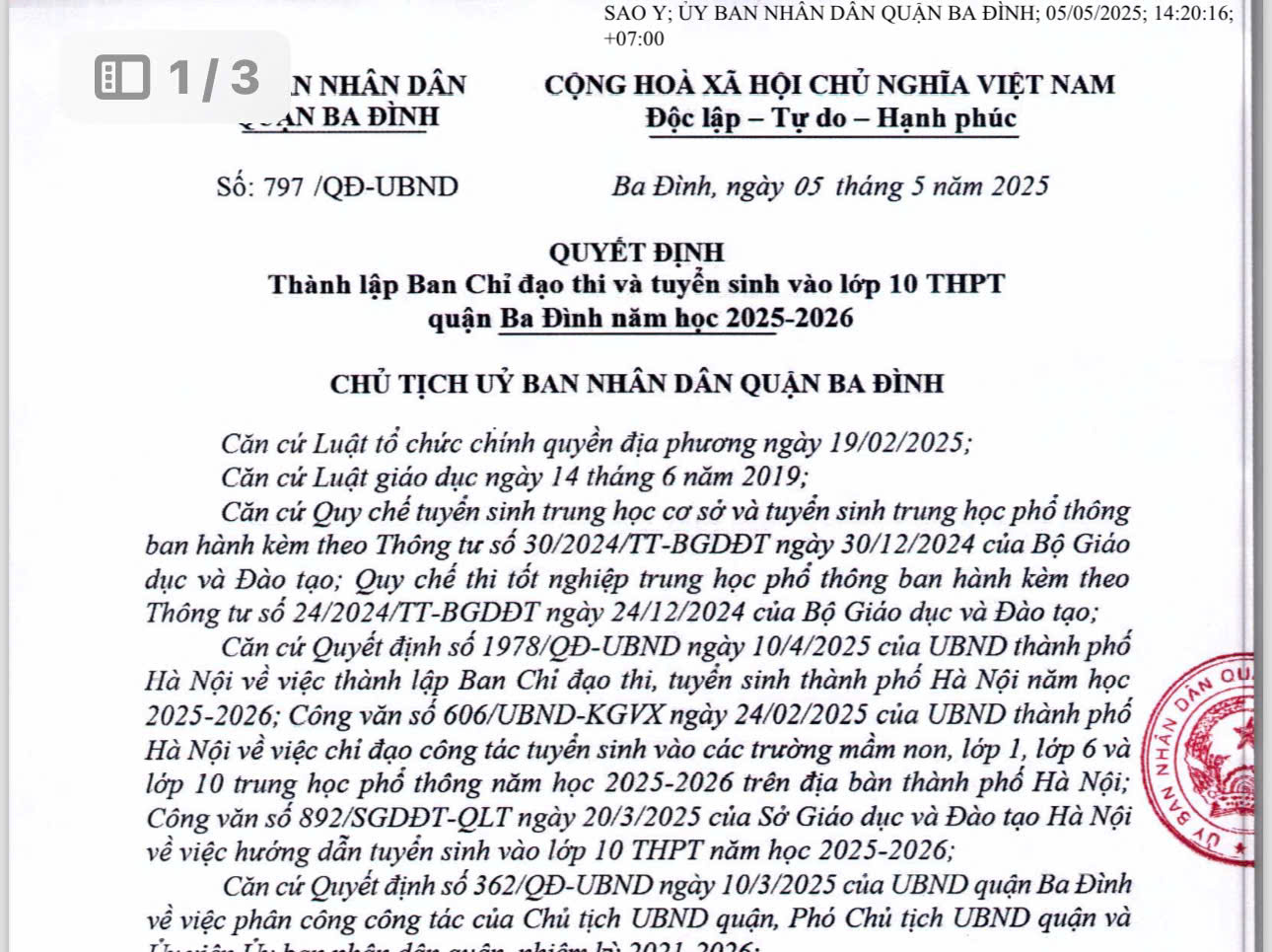 Quyết định Thành lập Ban chỉ đạo thi và tuyển sinh vào lớp 10 THPT quận Ba Đình năm học 2025-2026