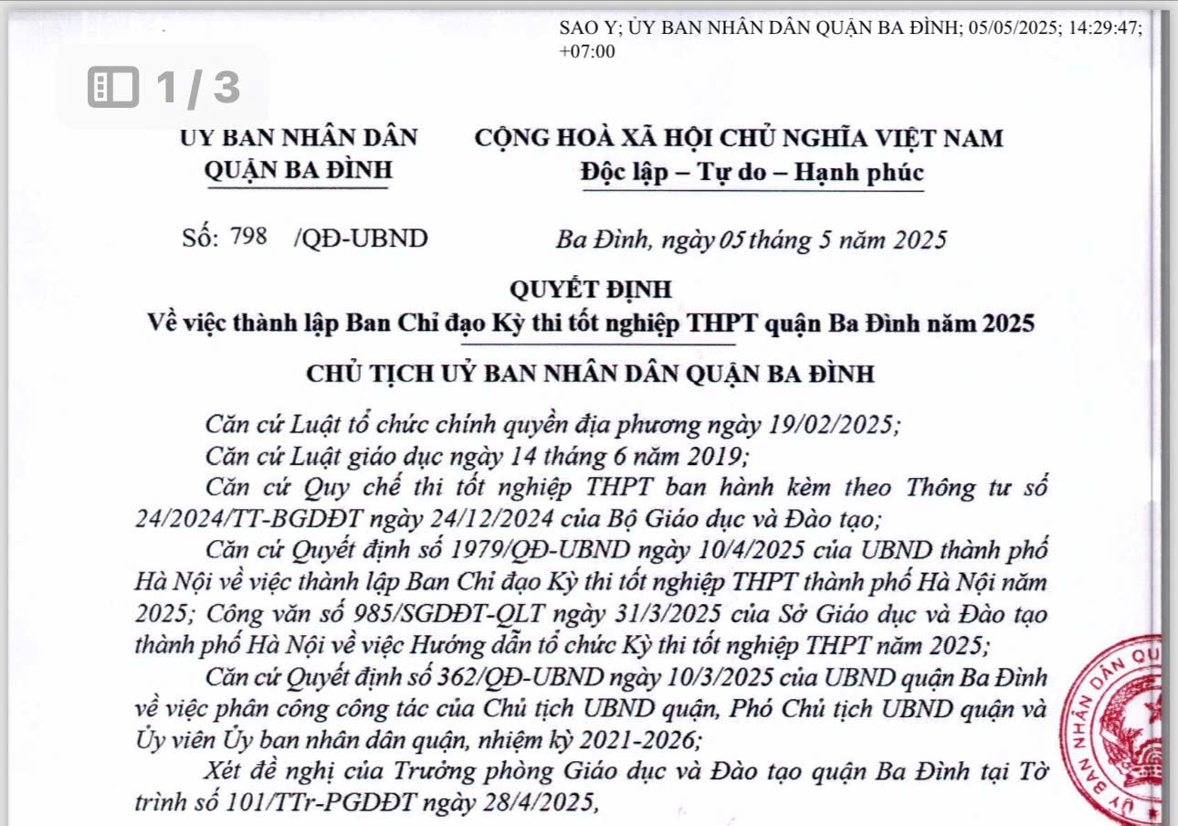 Quyết định về việc thành lập Ban chỉ đạo Kỳ thi tốt nghiệp THPT quận Ba Đình năm 2025