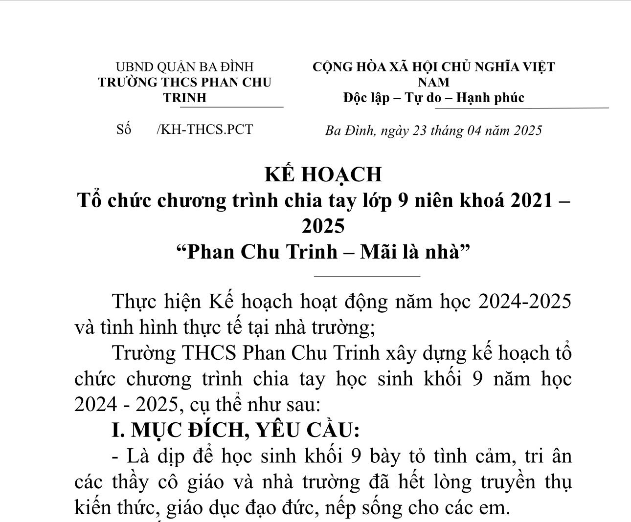 Kế hoạch Tổ chức chương trình chia tay lớp 9 niên khoá 2021 – 2025 “Phan Chu Trinh – Mãi là nhà”