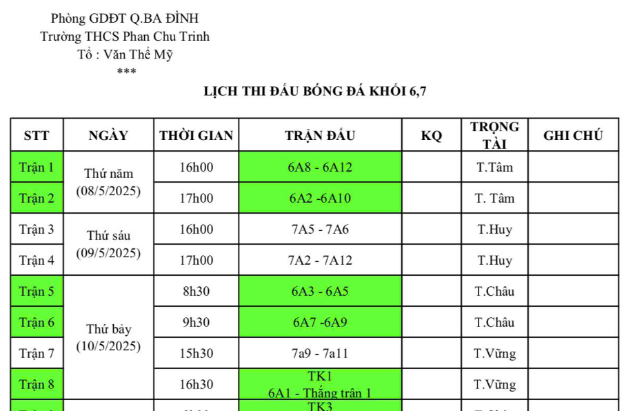 Thông báo Lịch thi đấu môn bóng đá nam khối lớp 6-7