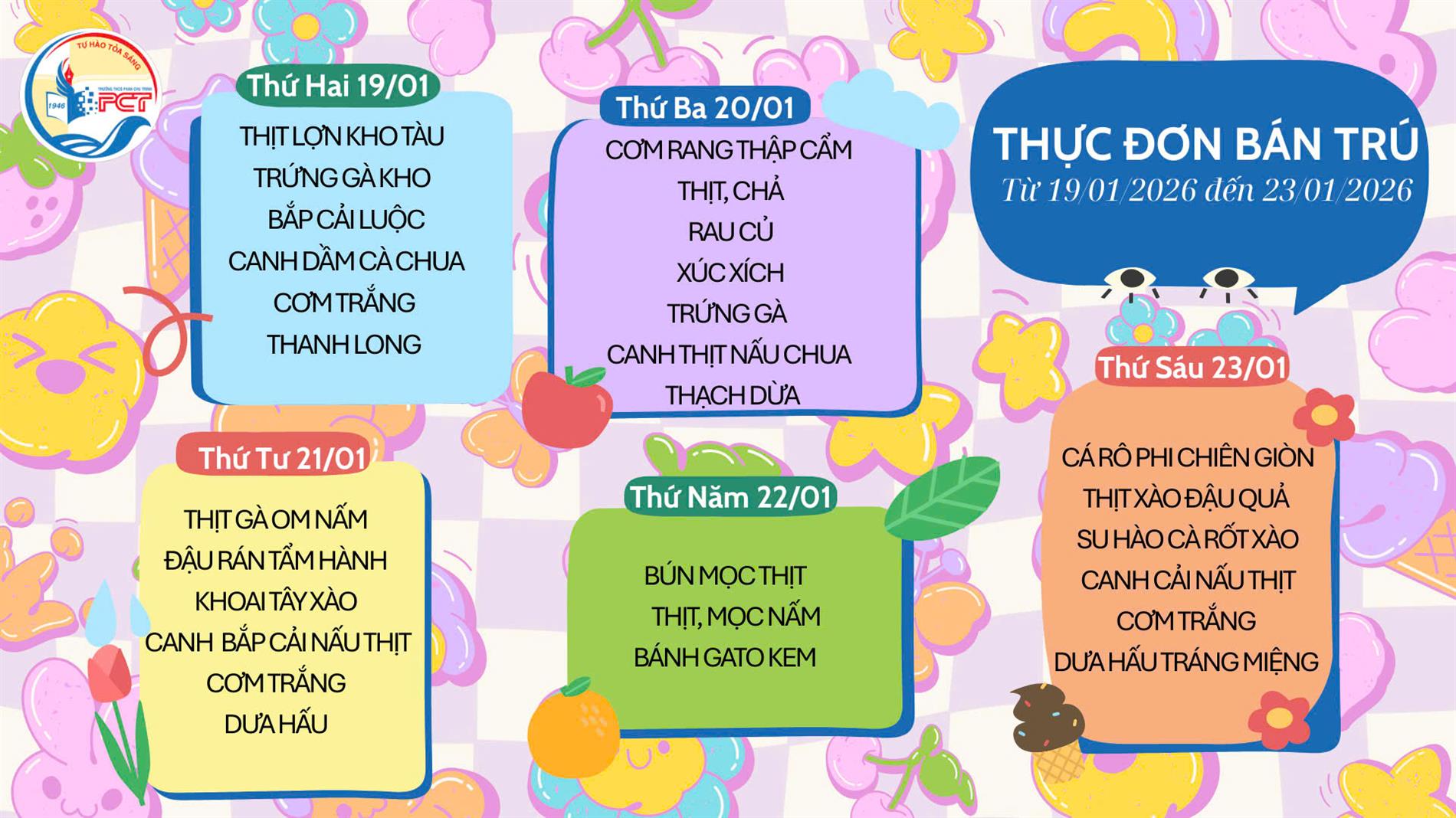 Thực đơn bán trú từ ngày 19/1 đến ngày 23/1/2026