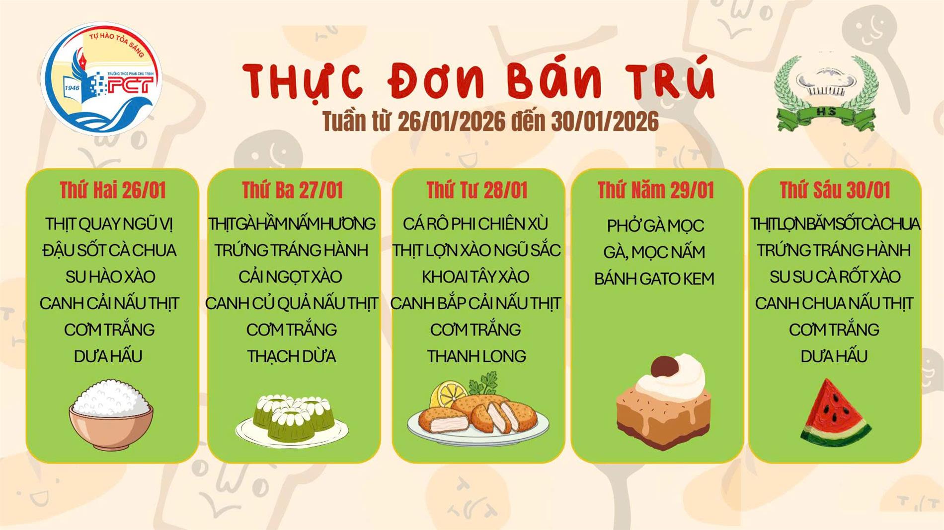 Thực đơn bán trú từ ngày 26/1 đến 30/1/2026