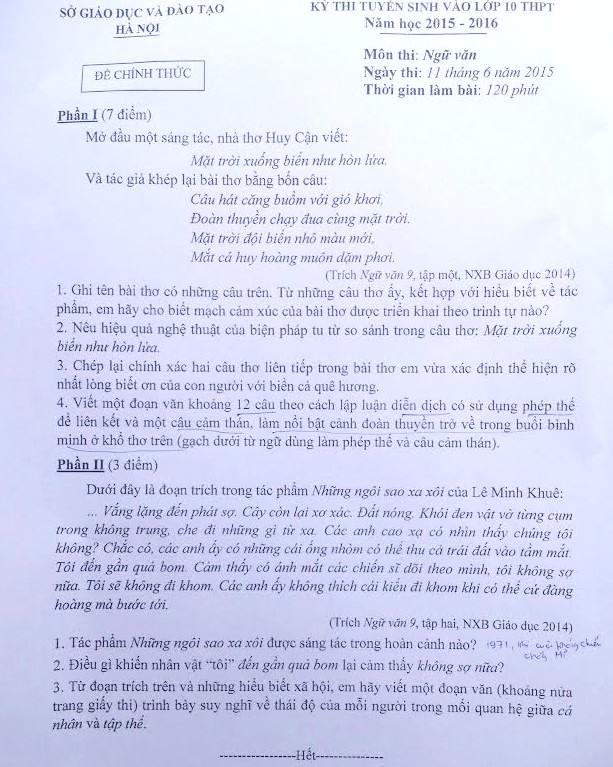 Đề thi vào lớp 10 môn Ngữ văn (2015)