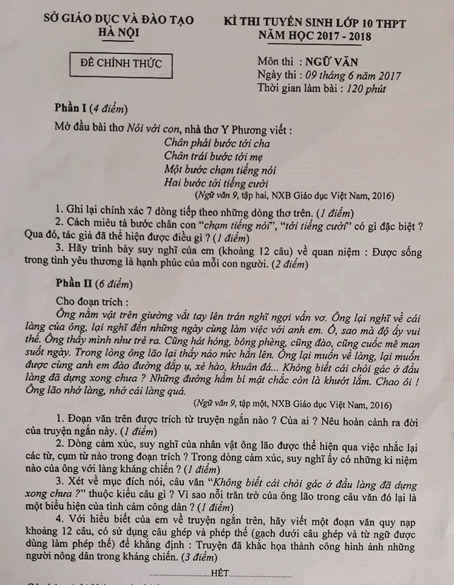 Đề thi vào lớp 10 môn Văn (2017)