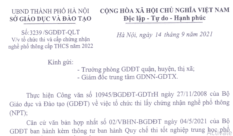 Công văn số 3239/SDGĐT-QLT của Sở Giáo dục và Đào tạo về việc tổ chức thi và cấp chứng nhận nghề phổ thông cấp THCS năm 2022