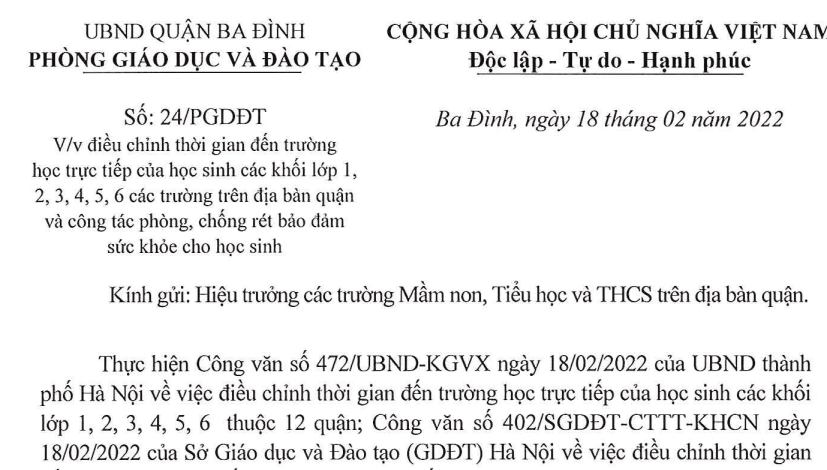 Công văn số 24/PGDĐT của Phòng Giáo dục và đào tạo về việc điều chỉnh thời gian đến trường học trực tiếp