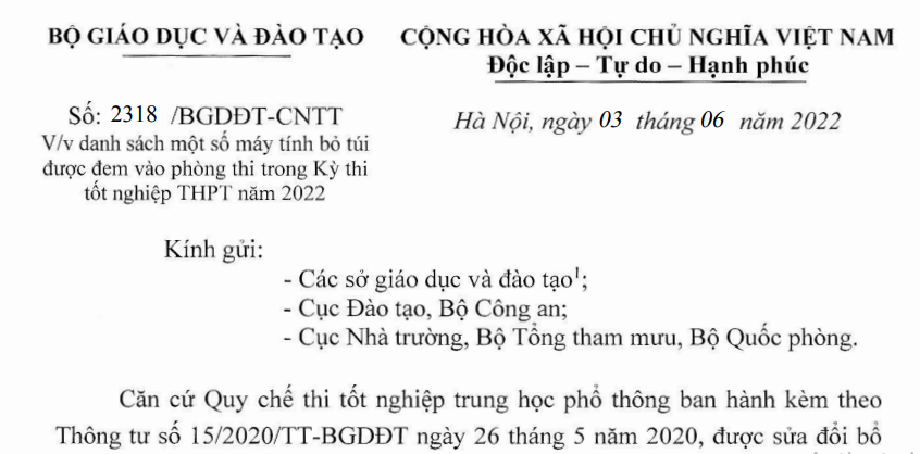 Công văn số 2318/BGĐT-CNTT ngày 3/6/2022 về việc danh sách một số máy tính bỏ túi được đem vào phòng thi trong Kỳ thi tốt nghiệp THPT năm 2022