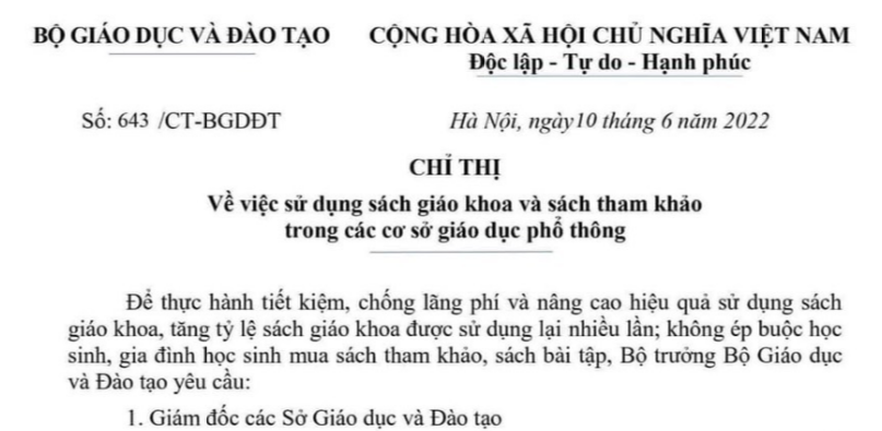 Công văn số 643/CT-BGDĐT của Bộ Giáo dục và Đào tạo ngày 10/6/2022 về việc sử dụng sách giáo khoa và sách tham khảo trong các cơ sở giáo dục