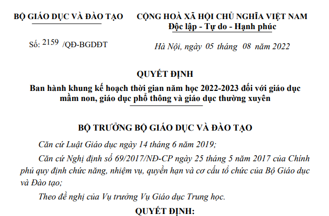 Bộ giáo dục ban hành khung kế hoạch thời gian năm học 2022-2023