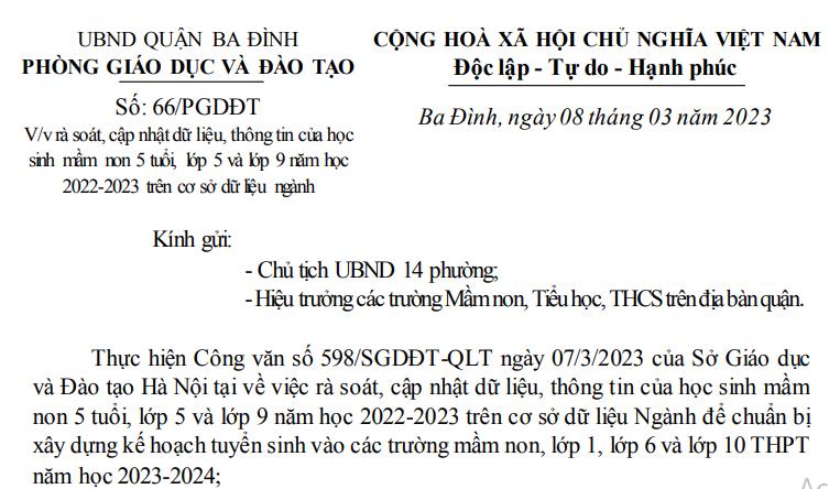 Công văn số 66/PGĐT của Phòng Giáo dục và Đào tạo quận Ba Đình về việc rà soát, cập nhật dữ liệu, thông tin của học sinh