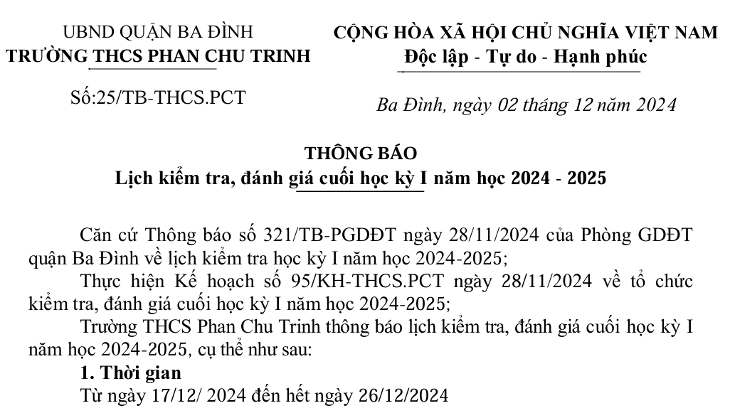 Lịch kiểm tra, đánh giá cuối học kỳ 1 Năm học 2024-2025