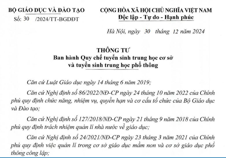 Thông tư số 30/2024/TT-BGDĐT ngày 30/12/2024 của Bộ Giáo dục và Đào tạo về việc ban hành quy chế tuyển sinh trung học cơ sở và tuyển sinh trung học phổ thông.