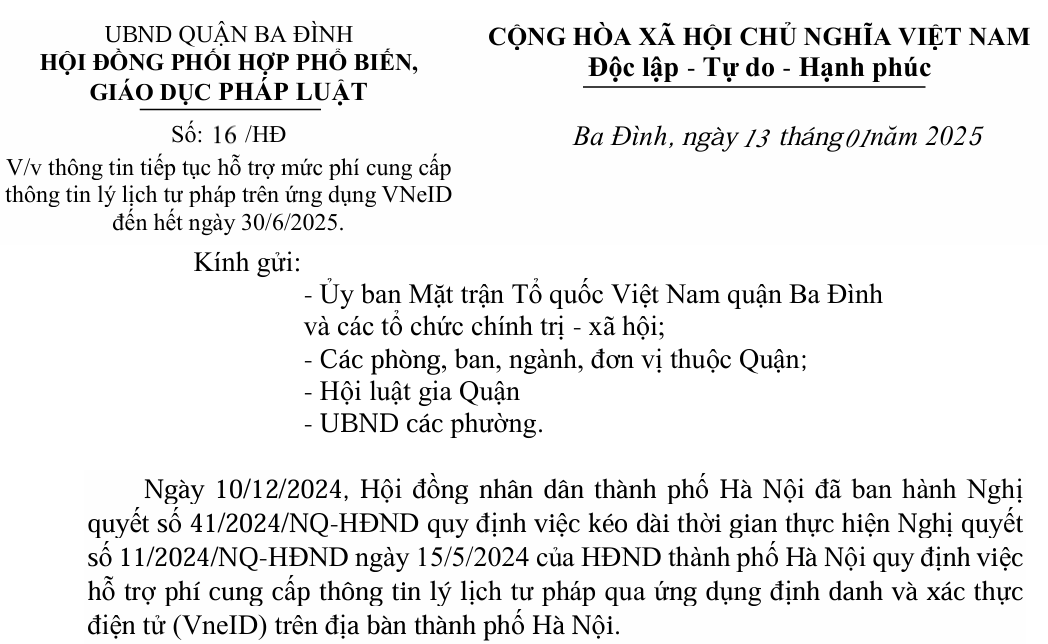 Công văn số 16/HĐ của UBND Quận Ba Đình về việc thông tin tiếp tục hỗ trợ mức phí cung cấp thông tin lý lịch tư pháp