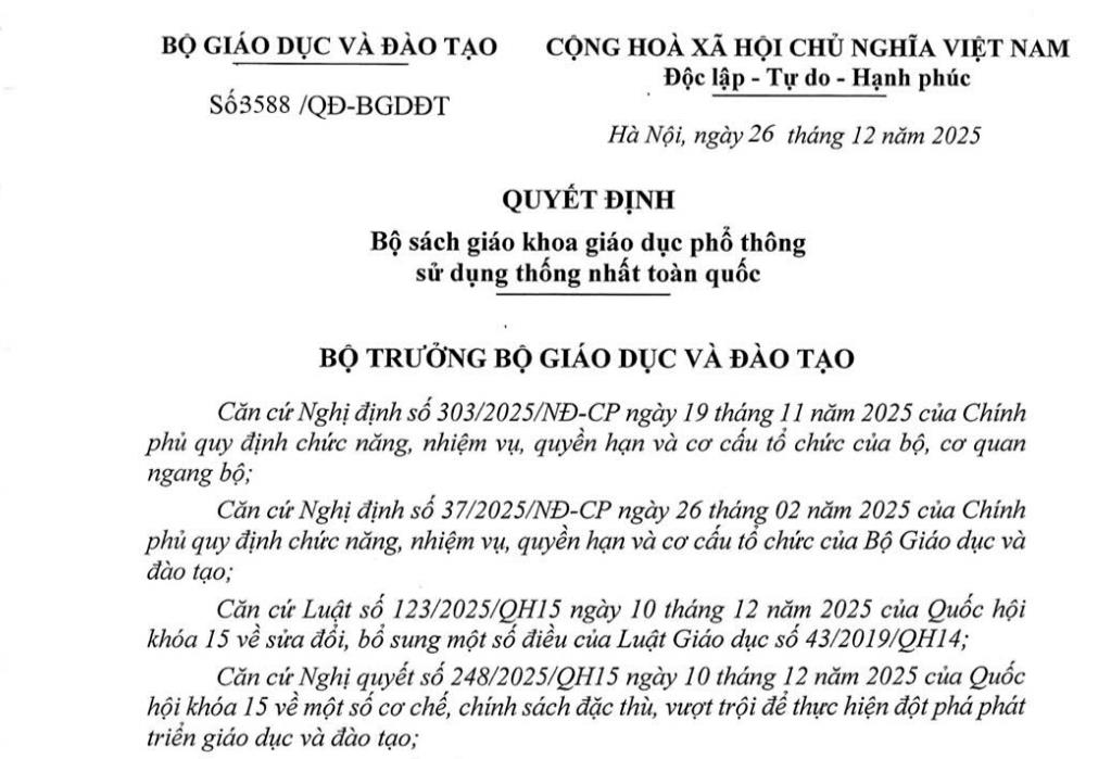 Bộ sách giáo khoa "Kết nối tri thức với cuộc sống" được sử dụng thống nhất toàn quốc từ năm học 2026-2027