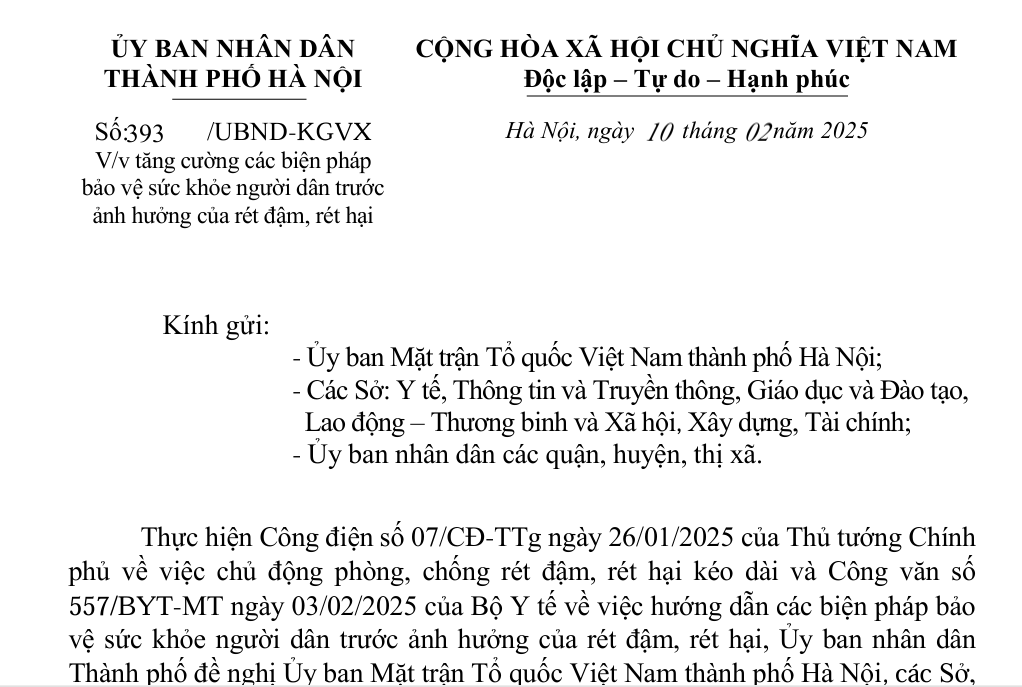 Công văn của UBND Thành phố Hà Nội về việc tăng cường các biện pháp bảo vệ sức khỏe người dân trước ảnh hưởng của rét đậm, rét hại