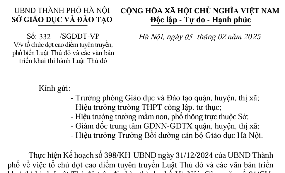 Công văn số của Sở Giáo dục về việc tổ chức đợt cao điểm tuyên truyền, phổ biến Luật Thủ đô