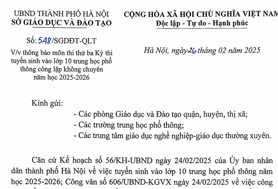 Công văn số 548/SGDĐT-QLT của Sở Giáo dục và Đào tạo thông báo môn thi thứ ba Kỳ thi tuyển sinh vào lớp 10
