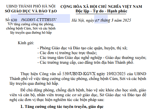 Công văn của Sở Giáo dục và Đào tạo Hà Nội về việc tăng cường công tác phòng, chống bệnh Cúm, Sởi...
