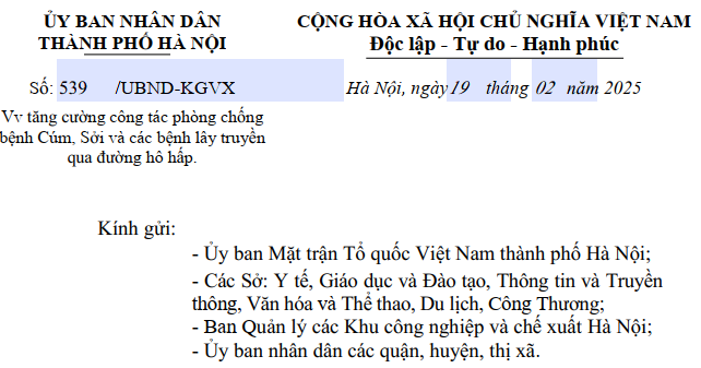 Công văn số 539/UBND-KGVX của UBND Thành phố Hà Nội về việc tăng cường công tác phòng chống bệnh Cúm, Sở và các bệnh lây truyền qua đường hô hấp.