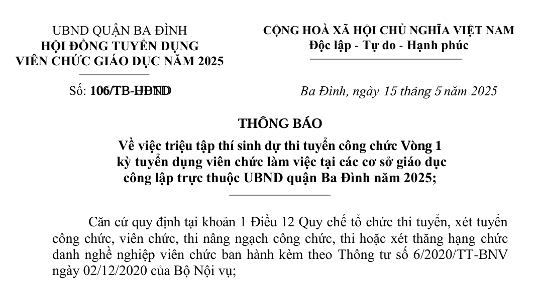 Thông báo số 106/TB-HĐND của Hội đồng tuyển dụng viên chức giáo dục năm 2025