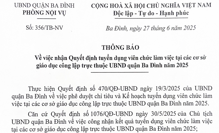 Thông báo số 356/TB-NV của Phòng Nội vụ Quận Ba Đình về việc nhận Quyết định tuyển dụng viên chức.