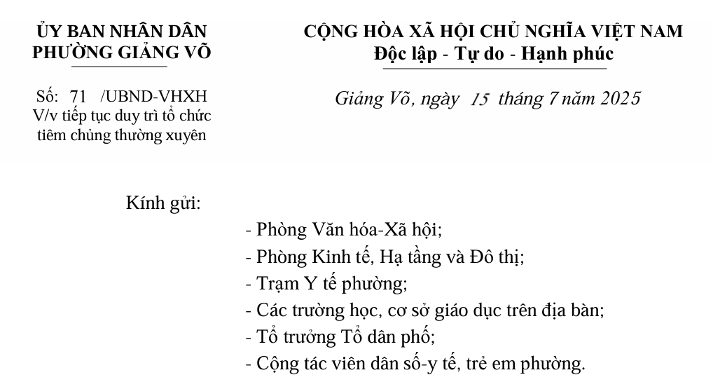 Công văn số 71/UBND-VHXH của UBND Phường Giảng Võ về việc tiếp tục duy trì tổ chức tiêm chủng thường xuyên