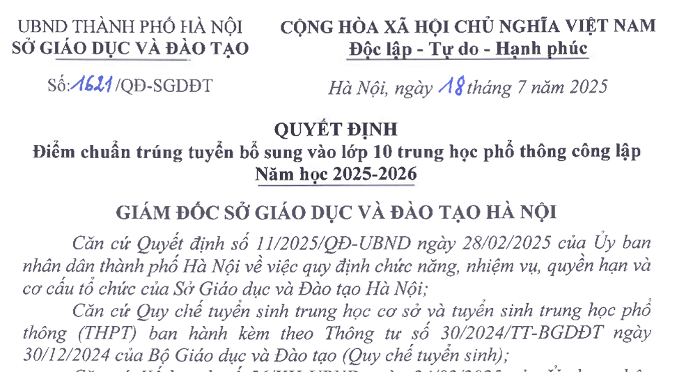 Quyết định số 1621/QĐ-SGDĐT của Sở Giáo dục và Đào tạo về Điểm chuẩn trúng tuyển bổ sung vào lớp 10