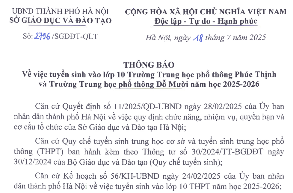Thông báo số 2796/SGDĐT-QLT  của Sở Giáo dục và Đào tạo Hà Nội về việc tuyển sinh vào lớp 10 Trường THPT Phúc Thịnh và Trường THPT Đỗ Mười