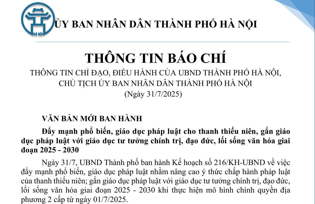 Thông tin chỉ đạo, điều hành của UBND Thành phố Hà Nội, Chủ tịch UBND Thành phố Hà Nội ngày 31/7/2025