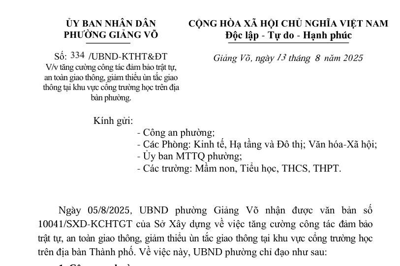Công văn số 334/UBND-KTHT&ĐT của UBND Phường Giảng Võ về việc tăng cường công tác đảm bảo trật tự khu vực cổng trường học