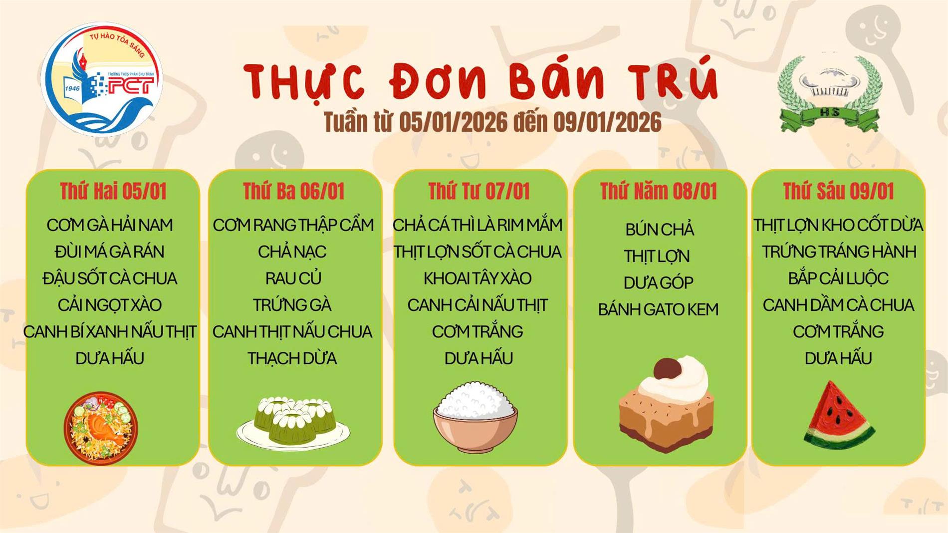 Thực đơn bán trú từ ngày 05/01 đến 09/01/2026