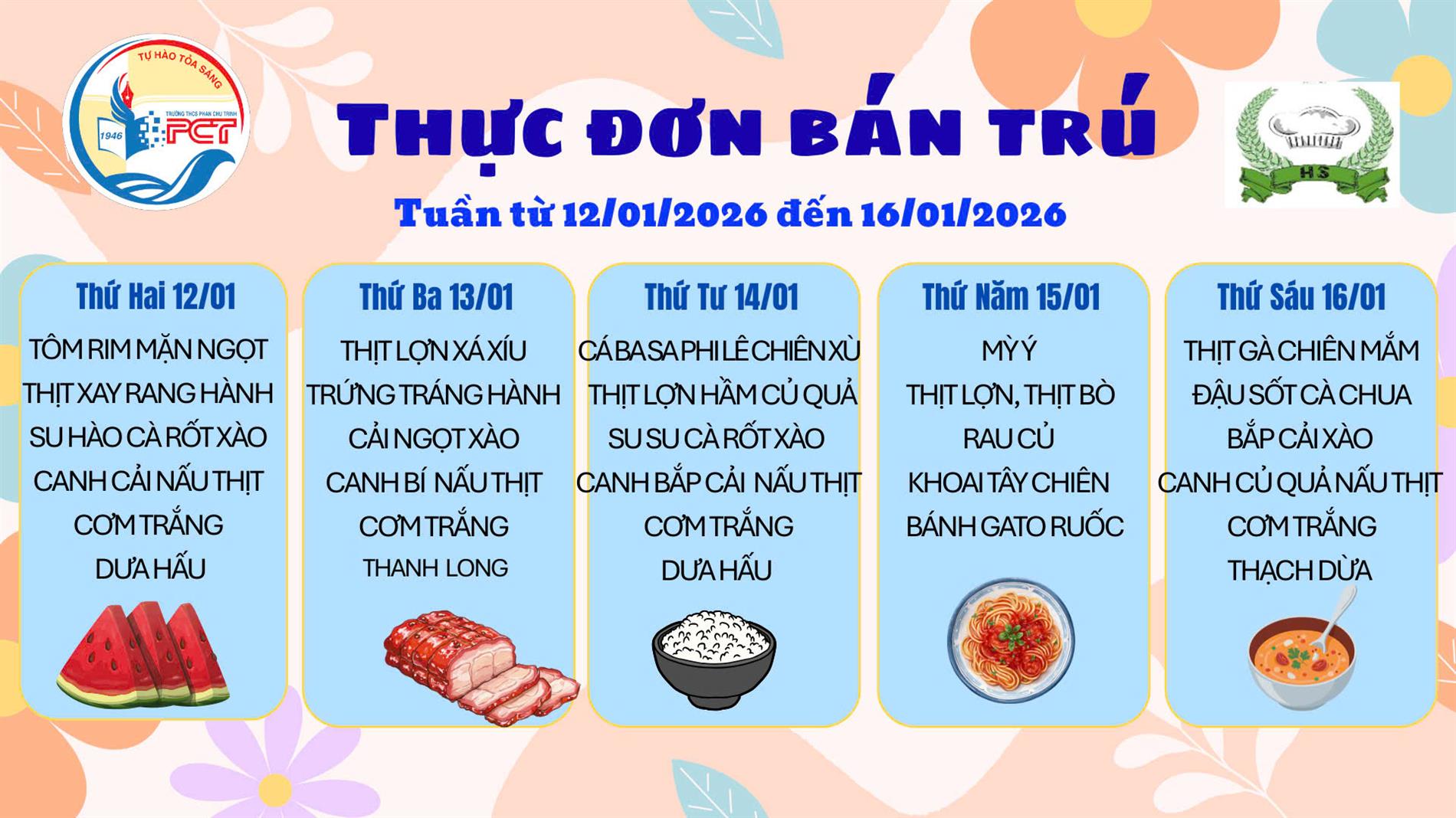 Thực đơn bán trú từ ngày 12/1 đến 16/1/2026