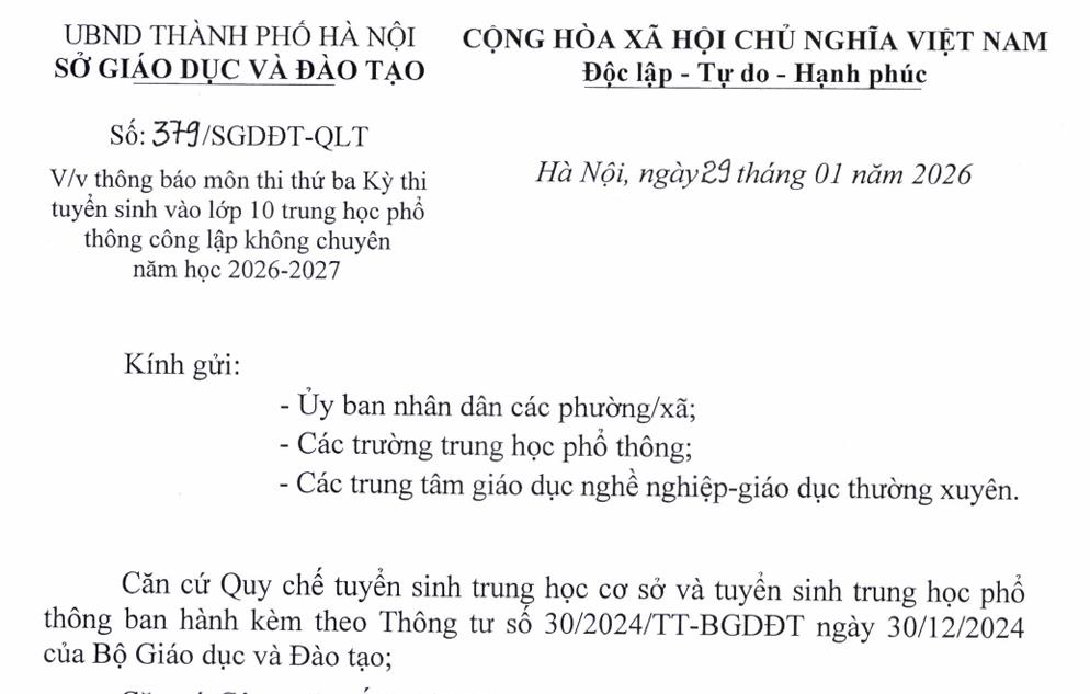 Hà Nội thông báo môn thi thứ ba Kỳ thi tuyển sinh vào lớp 10 THPT công lập không chuyên năm học 2026-2027