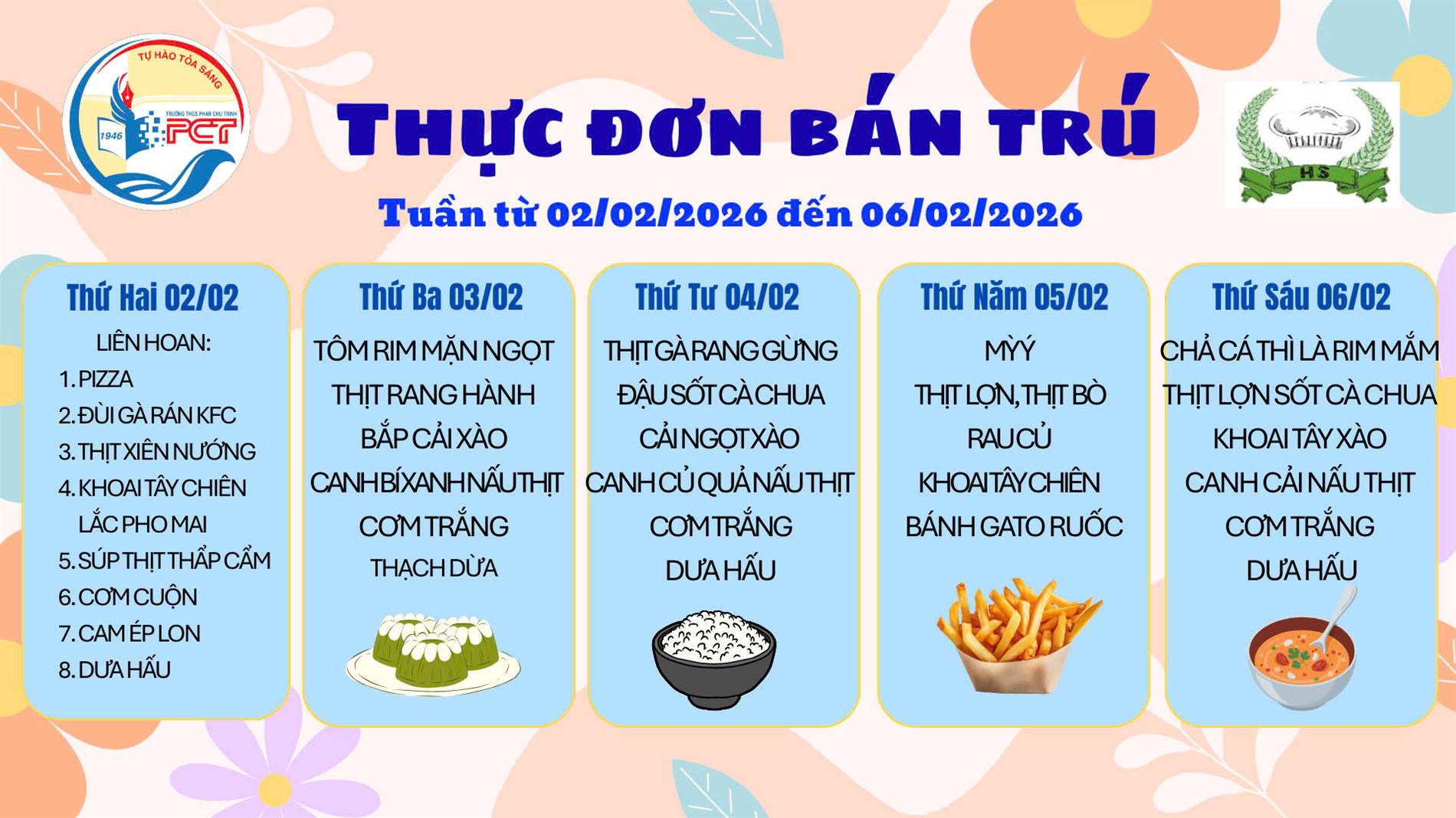 Thực đơn bán trú từ ngày 2/2 đến ngày 6/2/2026