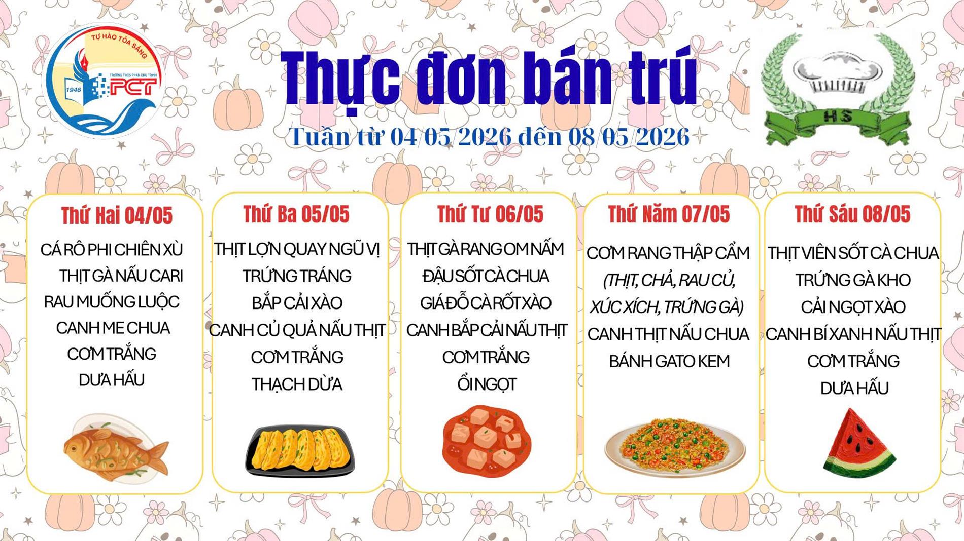 Thực đơn bán trú từ ngày 4/5 đến ngày 8/5/2026