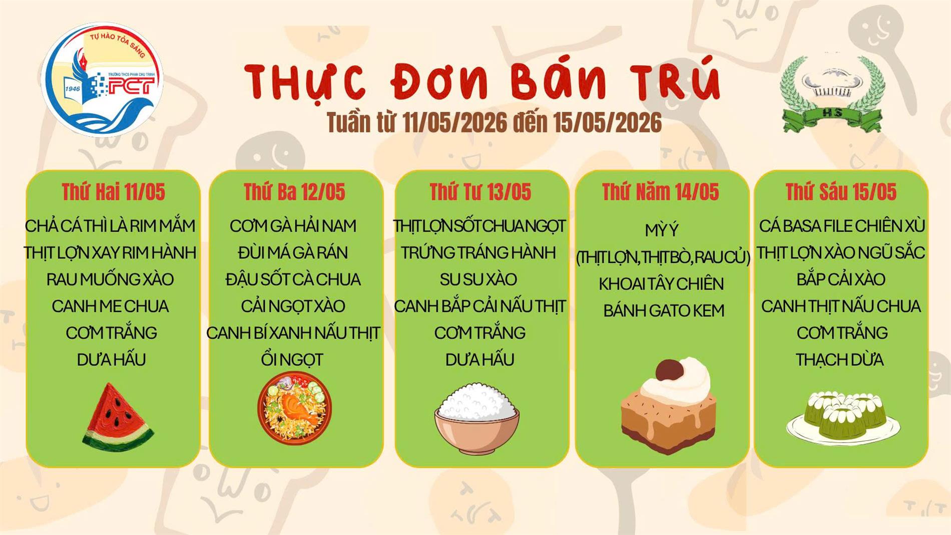 Thực đơn bán trú từ ngày 11/5 đến 15/5/2026