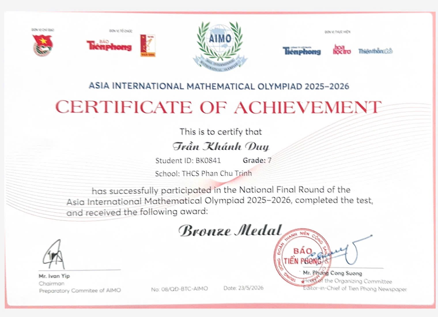 A certificate of achievement with red text

AI-generated content may be incorrect.